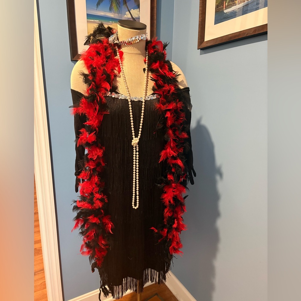Spirit Black Flapper Dress with Red Feather Boa